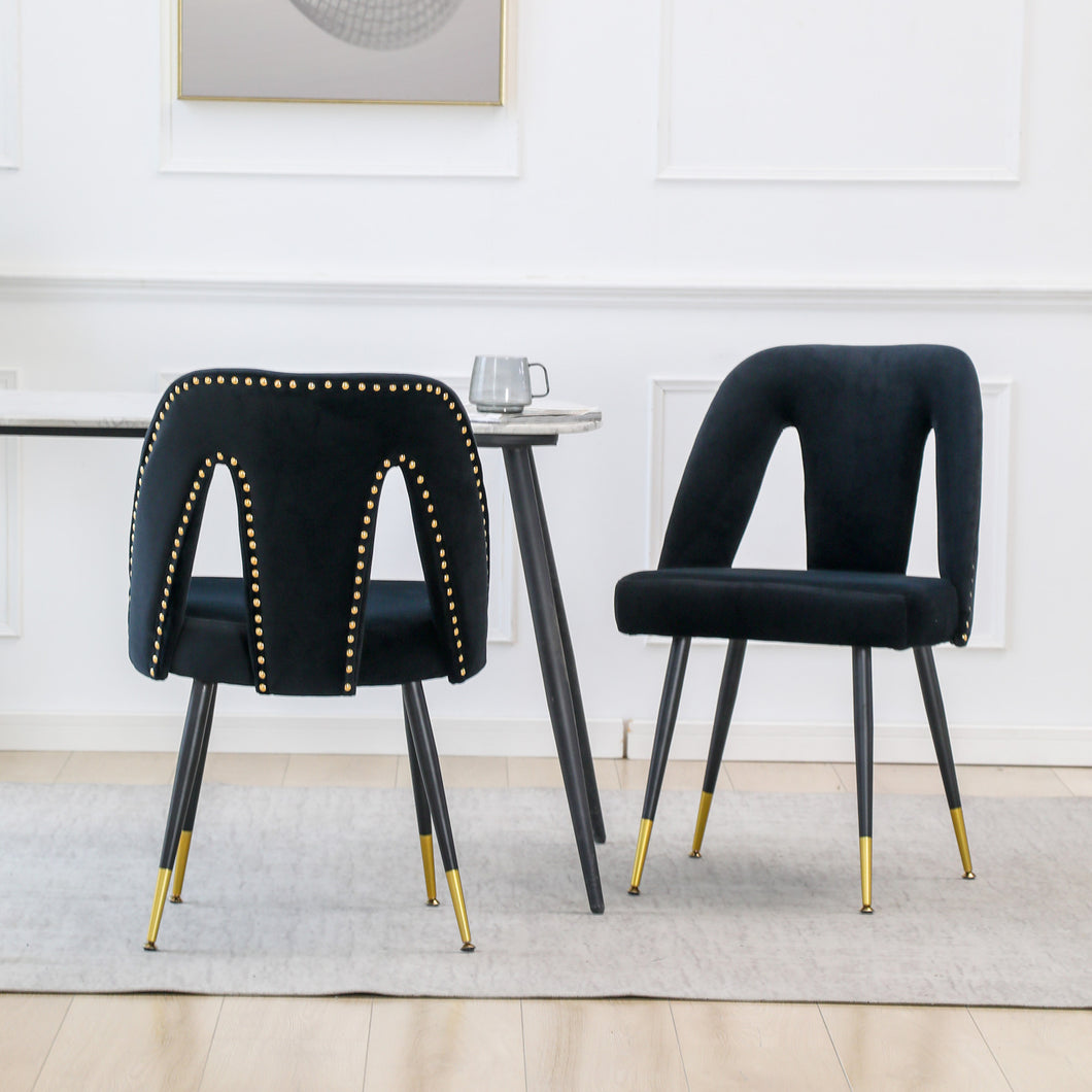 A&A Furniture,Akoya Collection Modern | Contemporary Velvet Upholstered Dining Chair with Nailheads and Gold Tipped Black Metal Legs,Black，Set of 2
