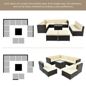 U_Style 9 Piece Rattan Sectional Seating Group with Cushions and Ottoman, Patio Furniture Sets, Outdoor Wicker Sectional