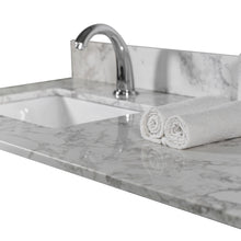Load image into Gallery viewer, Montary 61‘’x22&quot; bathroom stone vanity top  engineered stone carrara white marble color with double rectangle undermount ceramic sink and single  faucet hole with back splash .

