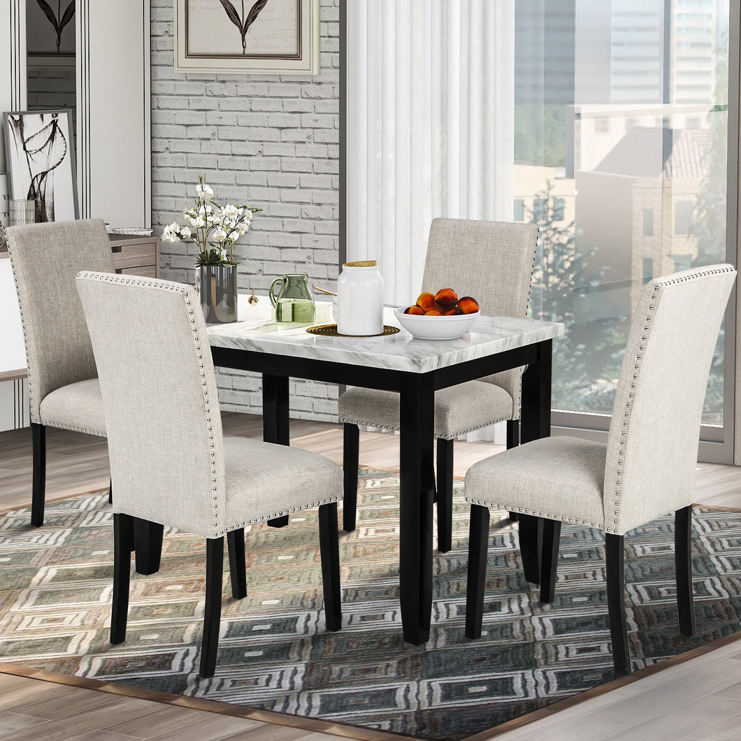 TREXM Faux Marble 5-Piece Dining Set Table with 4 Thicken Cushion Dining Chairs Home Furniture, White/Beige