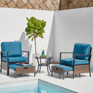 LAUSAINT HOME 5 PCS Luxury Patio Conversation Set with Ottoman,Outdoor Wicker Rattan Furniture Set,Comfortable Lounge Chair with Glass Top Side Table,Balcony,Backyard,Poolside,Garden Decor (Blue)