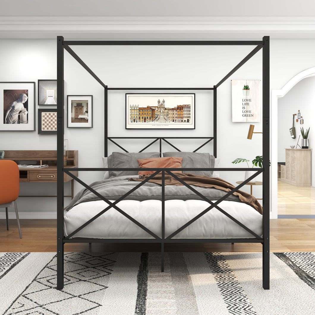 Metal Canopy Bed Frame, Platform Bed Frame Queen with X Shaped Frame Queen Black（same as W84034643）