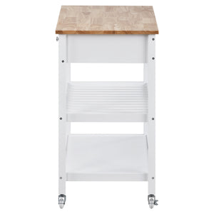 Rolling Kitchen Cart with Solid Wood Top and Locking Wheels，43.3 Inch Width，Two Open Spacious Storage Shelves and Two Drawers，Bamboo Wood Frame （White）
