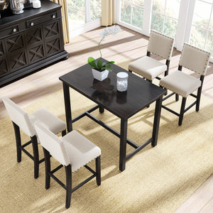 TOPMAX 5 Piece Rustic Wooden Counter Height Dining Table Set with 4 Upholstered Chairs for Small Places, Espresso+ Beige