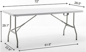 BTExpert Fold-in-Half Folding Utility Table 6 Feet 72" x 29.5" Lightweight Portable Carrying Handle, Indoor Outdoor Picnic Camping Office Home Party Wedding Event Easy to Clean Store & Care White