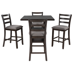 TREXM 5-Piece Wooden Counter Height Dining Set, Square Dining Table with 2-Tier Storage Shelving and 4 Padded Chairs, Espresso
