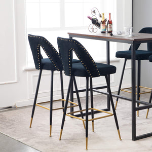 A&A Furniture,Akoya Collection Modern | Contemporary Velvet Upholstered Connor 28" Bar Stool & Counter Stools with Nailheads and Gold Tipped Black Metal Legs,Set of 2 (Black)
