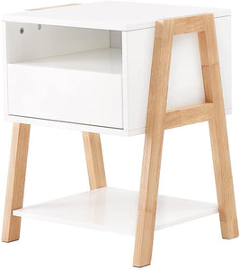 White Nightstand Side Table Side Table with Storage Drawers and Open Shelves Solid Wood Nightstand with Solid Wood Legs Modern Nightstand for Bedroom Living Room