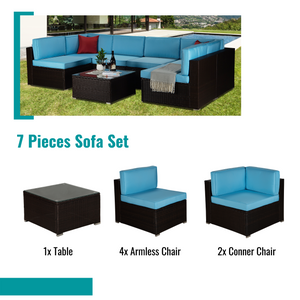 Beefurni Outdoor Garden Patio Furniture 7-Piece Brown PE Rattan Wicker Sectional Blue Cushioned Sofa Sets with 2 Red Pillows