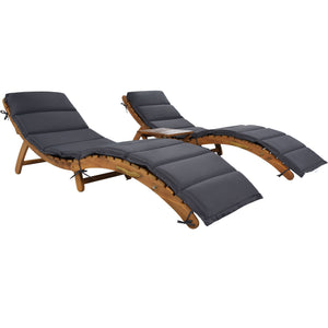 TOPMAX Outdoor Patio Wood Portable Extended Chaise Lounge Set with Foldable Tea Table for Balcony, Poolside, Garden, Brown Finish+Dark Gray Cushion