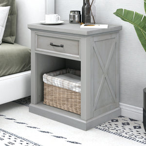 Old Paint Style Modern Wooden Nightstand with Drawers Storage for Living Room/Bedroom, Gray