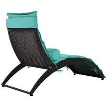 Load image into Gallery viewer, GO Patio Wicker Sun Lounger, PE Rattan Foldable Chaise Lounger with Removable Cushion and Bolster Pillow, Black Wicker and Turquoise Cushion (2 sets)
