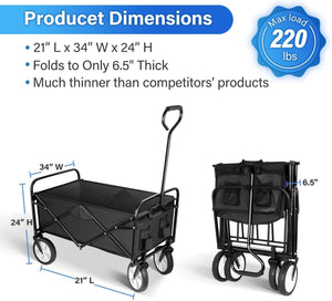 YSSOA Heavy Duty Folding Portable Hand Cart with Removable Canopy, 8\'\' Wheels, Adjustable Handles and Double Fabric for Shopping, Picnic, Beach, Camping