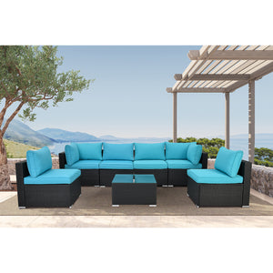 LAUSAINT HOME 7 Pieces Patio Furniture Sets,Luxury Outdoor All Weather PE Rattan Wicker Lawn Conversation Sets,Garden Sofa Set w/Coffee Table and Couch Cushions for Backyard, Pool (Blue-7PCS)