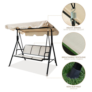 3-Seater Outdoor Adjustable Canopy Porch Swing Chair for Patio, Garden, Poolside, Balcony w/Armrests, Textilene Fabric, Steel Frame