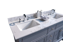 Load image into Gallery viewer, Montary 61‘’x22&quot; bathroom stone vanity top  engineered stone carrara white marble color with double rectangle undermount ceramic sink and 3 faucet hole with back splash .
