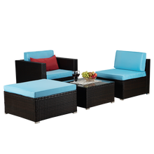 Load image into Gallery viewer, Beefurni Outdoor Garden Patio Furniture 4-Piece Brown PE Rattan Wicker Sectional Blue Cushioned Sofa Sets with 1 Red Pillow
