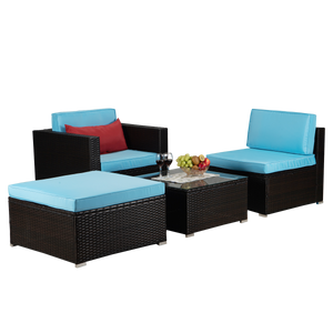 Beefurni Outdoor Garden Patio Furniture 4-Piece Brown PE Rattan Wicker Sectional Blue Cushioned Sofa Sets with 1 Red Pillow