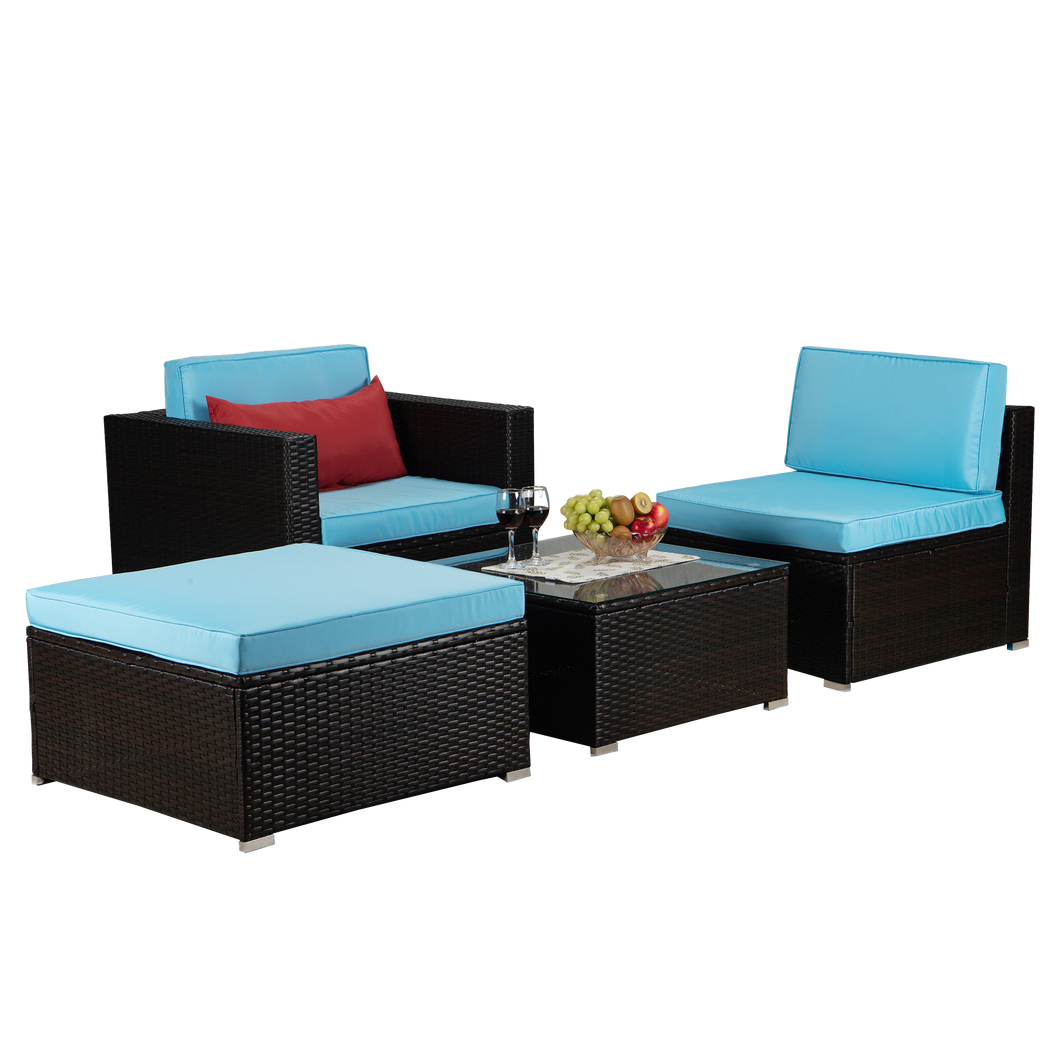 Beefurni Outdoor Garden Patio Furniture 4-Piece Brown PE Rattan Wicker Sectional Blue Cushioned Sofa Sets with 1 Red Pillow