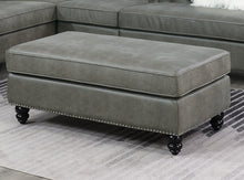 Load image into Gallery viewer, Living Room XL- Cocktail Ottoman Slate Grey Leatherette Accent Studding Trim Wooden Legs
