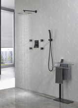 Load image into Gallery viewer, Shower System, 10-Inch Matte Black Full Body Shower System with Body Jets, Square Rainfall Shower Head, Handheld Shower, and 3 Functions Pressure Balance Shower Valve, Bathroom Luxury Faucet Set.
