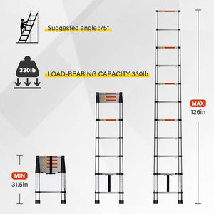 Simple Deluxe Telescoping Ladder 10.5FT Aluminum One-Button Retraction Extension System for Indoor and Outdoor Use, 330lb Load Capacity, (HILADRTELESCOPIC126)
