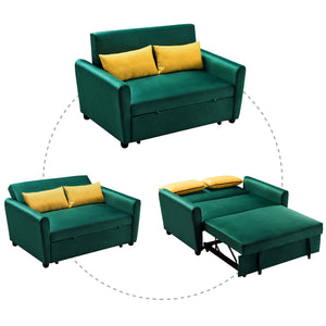 [VIDEO provided]55" Modern Velvet Sofa with Pull-Out Sleeper Bed with 2 Pillows Adjustable Backrest for Small Spaces Green