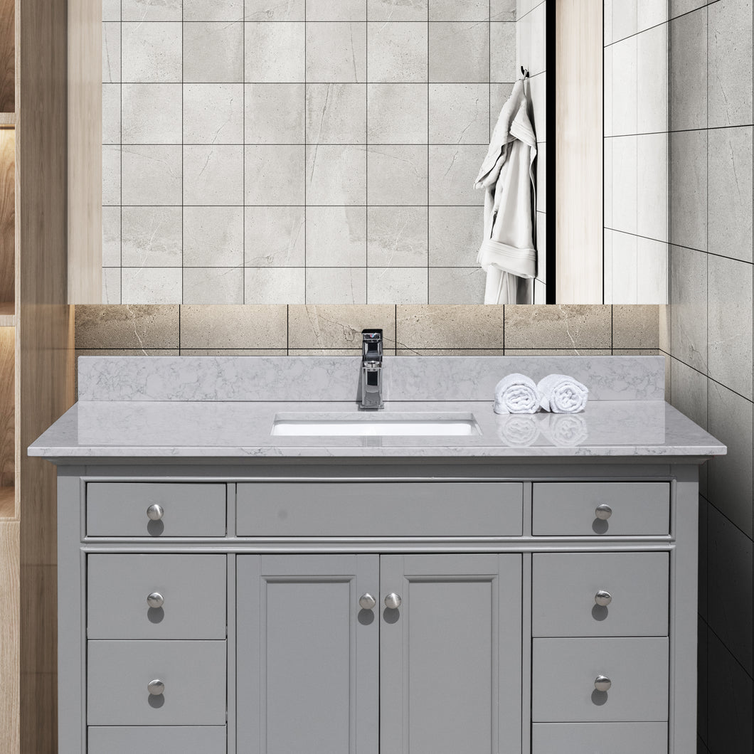 Montary 49 inches bathroom stone vanity top calacatta gray engineered marble color with undermount ceramic sink and single faucet hole with backsplash