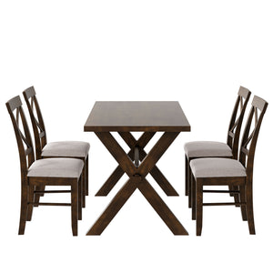 TOPMAX 5 Pieces Farmhouse Rustic Wood Kitchen Dining Table Set with Upholstered 4 X-back Chairs, Brown+Beige