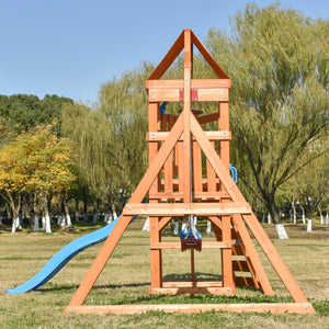 Wooden Swing Set with Slide, Climbing wall, Sandbox and Wood Roof, Outdoor Playhouse Backyard Activity Playground Playset for Toddlers