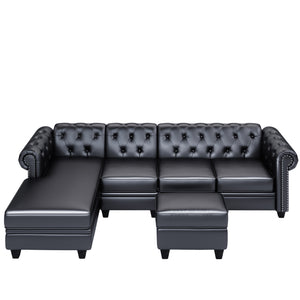 [VIDEO provided] 116" Chesterfield Sectional Sofa Set, PU Leather 4-Seat Living Room Set, L-Shape Couch in Home, with Storage Ottoman ,Nailheaded (Left Hand Facing,Black)