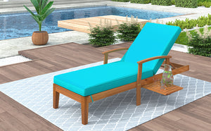TOPMAX Outdoor Solid Wood 78.8" Chaise Lounge Patio Reclining Daybed with Cushion, Wheels and Sliding Cup Table for Backyard, Garden, Poolside,Brown Wood Finish+Blue Cushion