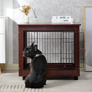 31” Length Furniture Style Pet Dog Crate Cage End Table with Wooden Structure and Iron Wire and Lockable Caters, Medium Dog House Indoor Use.