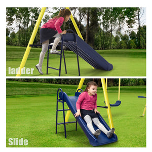 5 in 1 Outdoor Tolddler Swing Set for Backyard, Playground Swing Sets with Steel Frame, Swing n\' Silde Playset for Kids with Seesaw Swing, Basketball Hoop