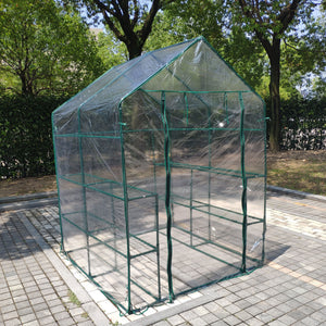 Outdoor 56" W x 56" D x 76" H Green House ,Walk-in Plant Gardening Greenhouse With 2 Tiers 8 Shelves(Transparent Cover)