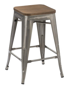 BTEXPERT 24" inch Industrial Stackable Tabouret Metal Vintage Antique Rustic Style Clear Brush Distressed Counter Bar Stool Modern wood top seat (barstool)