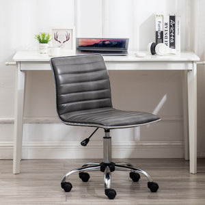 BTEXPERT Swivel Mid Back Armless Ribbed Task Leather Chair, Gray upholstery and Chrome