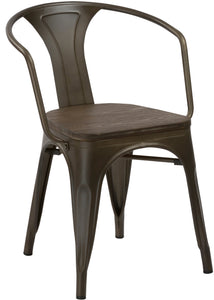 Industrial Antique Bronze Dining Commercial Metal Wood Arm Chair, Set of 4