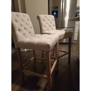 TWO new- Wooden Linen Tufted Counter 26" Bar Stool Chair, Accent Nail Trim Barstool Set of 2
