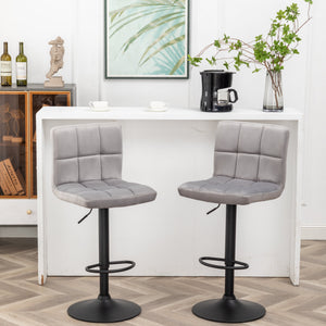 BTEXPERT Adjustable Industrial Metal Upholstered Swivel Gray Velvet Dining Barstool With Back For Kitchen Island, For Dining Room and Bar, Set of 2