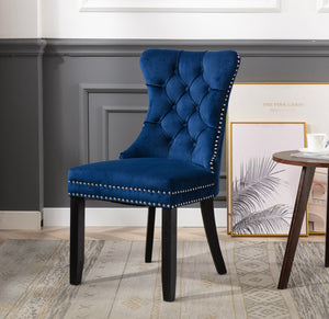 TWO NEW- High Back Velvet Navy Blue Tufted Upholstered Dining Chairs, Set of 2, Solid Wood Nail Trim, Ring