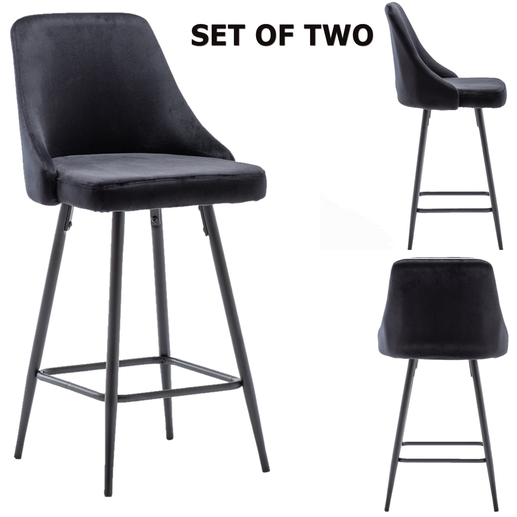 Hafsa Velvet Black Upholstered Modern Premium Stool Bar Chairs Set of 2
