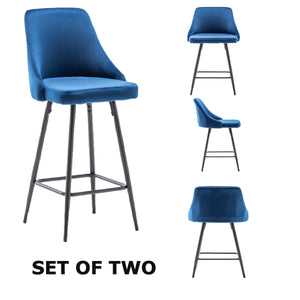 TWO - Chacha Velvet Blue barstools Upholstered Modern Counter height Stool Bar Chairs Set of 2
