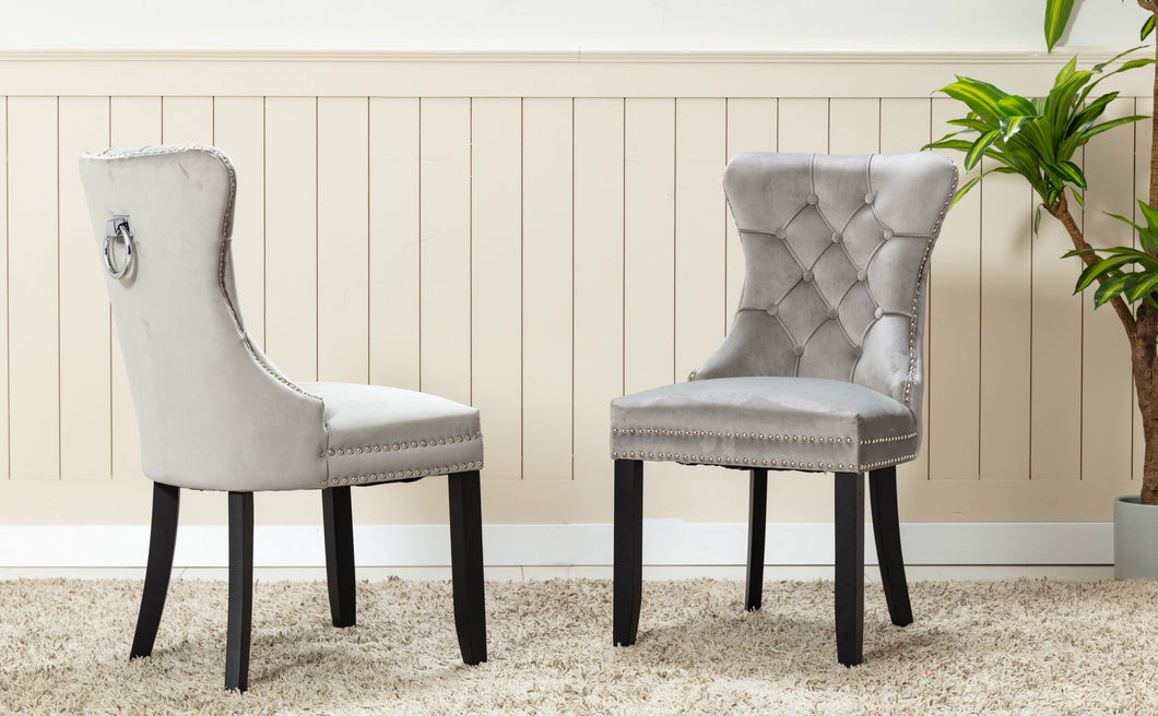 High Back Velvet Tufted Nailhead Upholstered Dining Chairs, Set of 2, Solid Wood, Ring