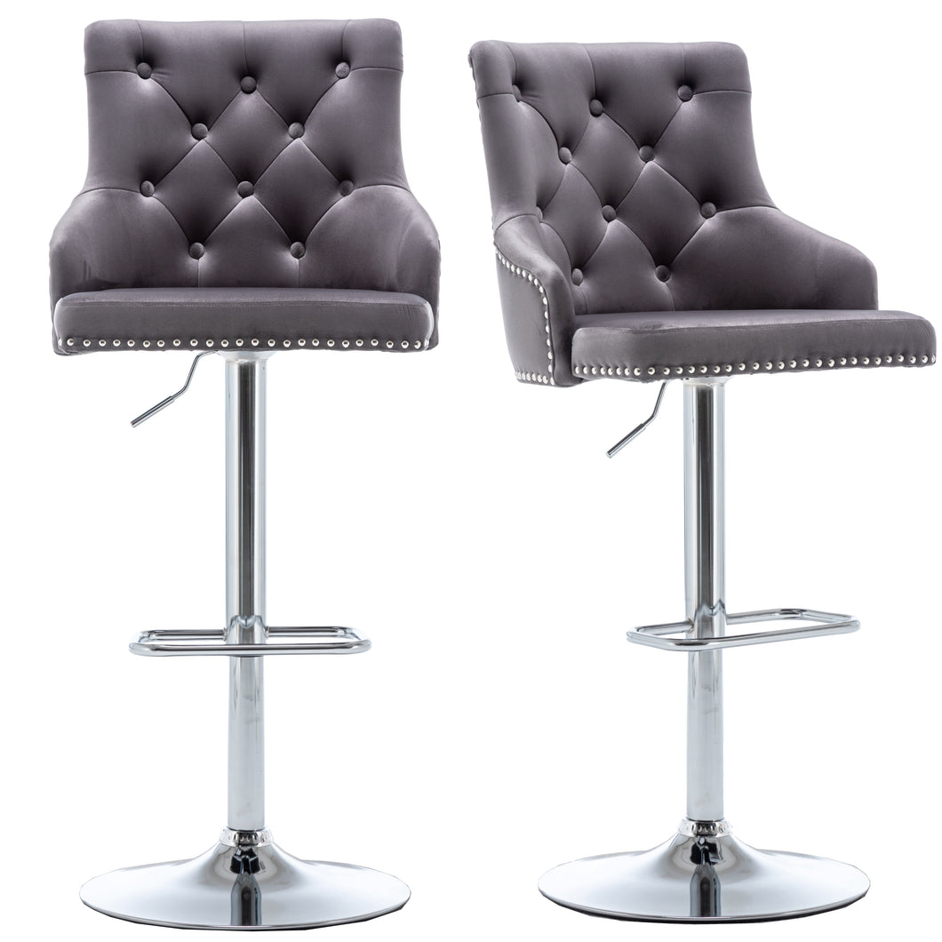 BTExpert Upholstered Dining Adjustable Seat, High Back Stool Bar Chair Gray Tufted Set of 2