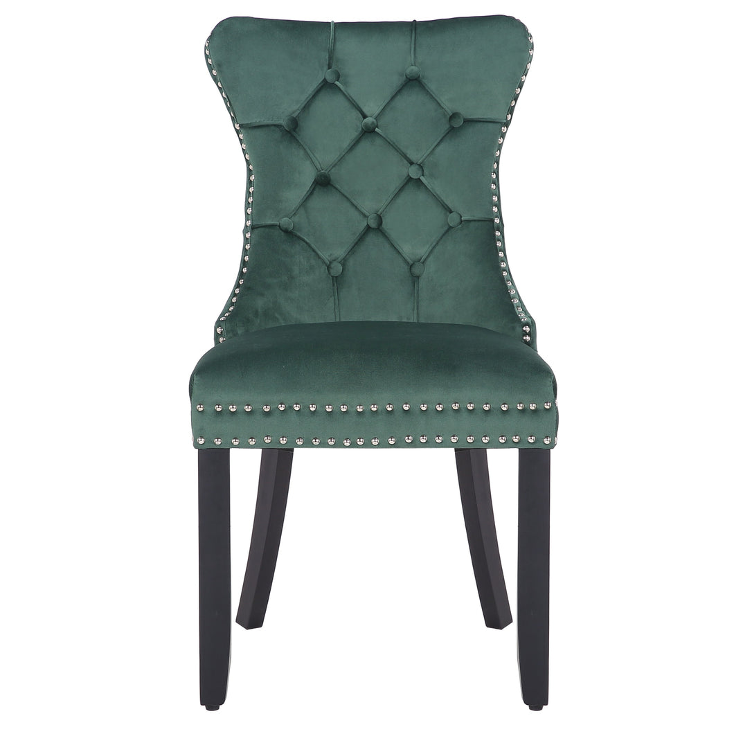 Green High Back Velvet Tufted Upholstery, Wood Accent Nail Trim Ring Leisure Dining Chair