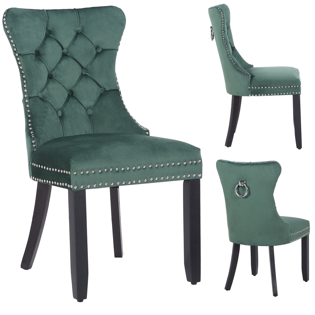 Green Set of 2 High Back Velvet Tufted Upholstery, Solid Wood-Accent Nail Trim, Ring Leisure Side Bedroom Coffee upholstered Dining Chair