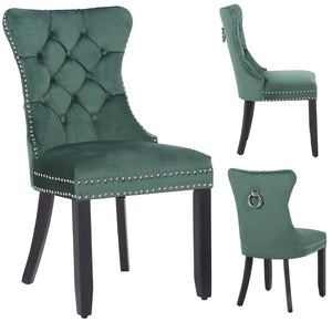 Green High Back Velvet Tufted Upholstery, Wood Accent Nail Trim Ring Leisure Dining Chair