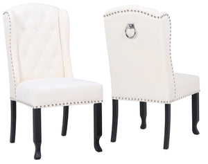 BTEXPERT White Velvet High Back Tufted Upholstered Solid Wood Accent Nail Trim Ring Living Room Side Kitchen Dining Chair Set of 2