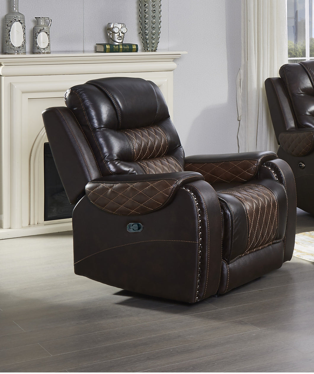 BTExpert Manual Recliner Chair , Headrest Upholstered Two Tone Dark Light Brown Top Grain Leather Reclining Chair